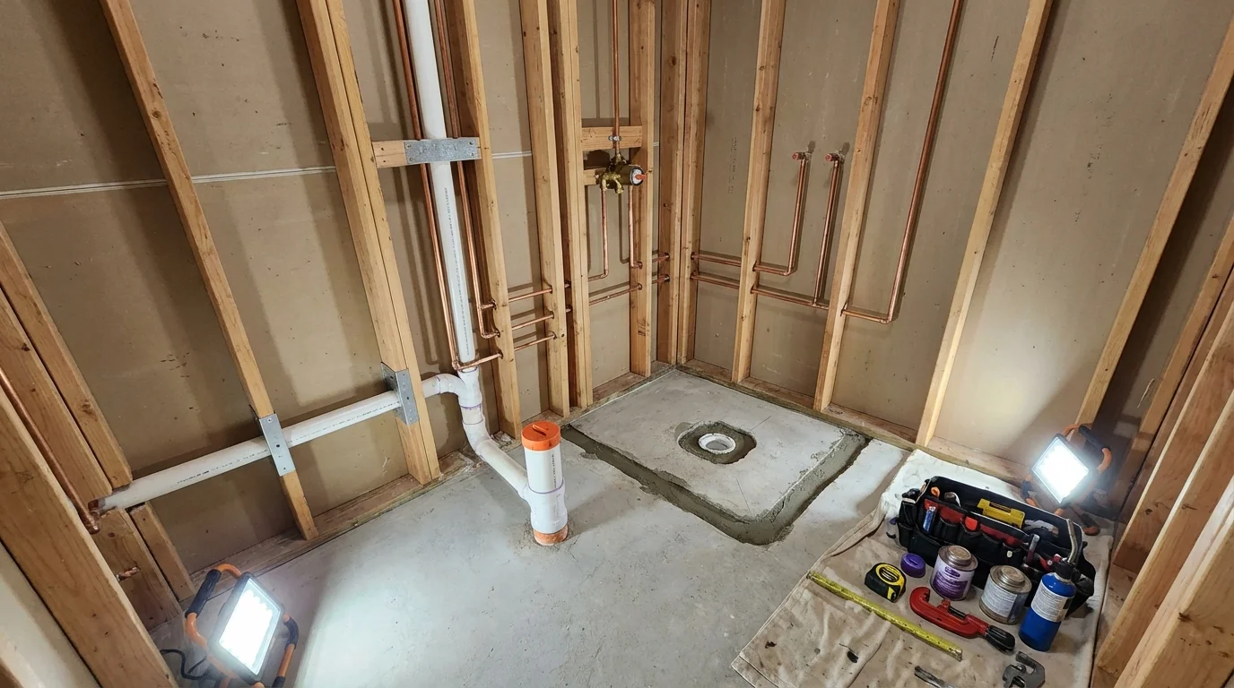 Bathroom rough-in plumbing during remodel by Johns Plumbing LLC in New Kent