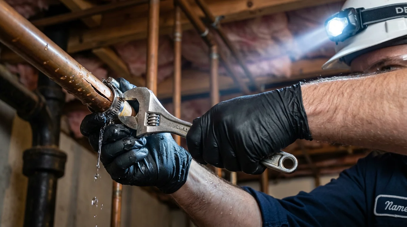 Emergency pipe clamp repair being performed by a Johns Plumbing LLC plumber in New Kent