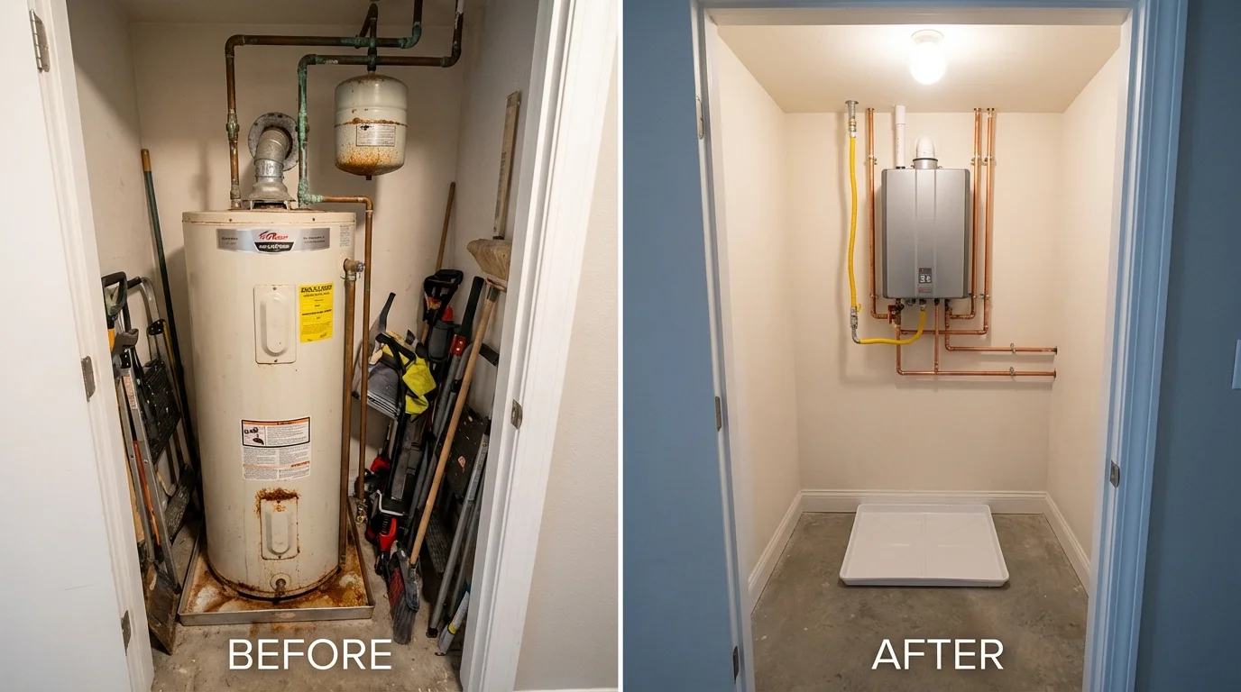 Tank water heater versus wall-mounted tankless unit comparison for New Kent, VA homeowners