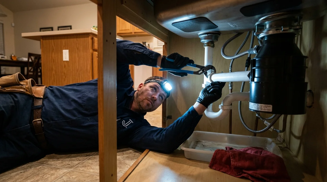 P-trap and supply line connections under a kitchen sink showing a common leak point in New Kent, VA